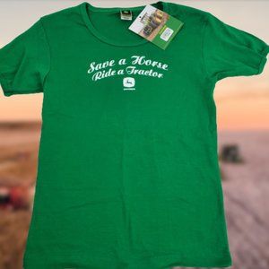 John Deere Save A Horse Ride a Tractor TShirt Green Girls Size LG WOMEN"S SMALL?